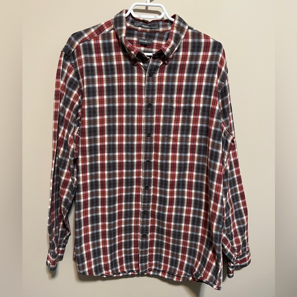 Eddie Bauer Red and Blue Plaid Flannel Button-Down Shirt, size TL